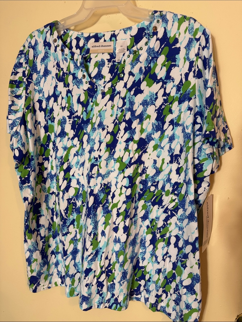 Alfred Dunner Blue, Green & White Abstract Short Sleeve Top
